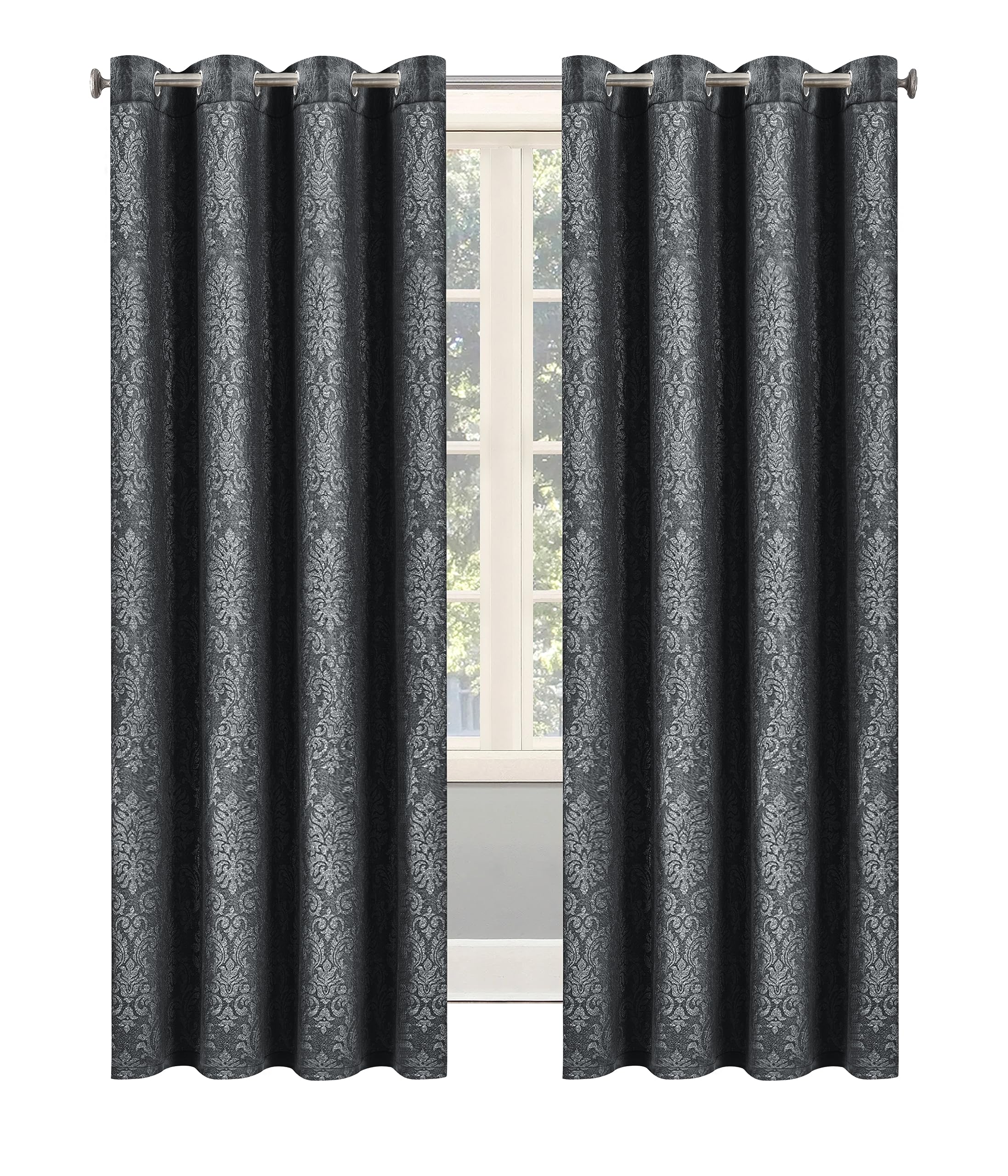 OpulentDreams Embossed Woven Thermal Curtains - Room Darkening Ring-Top Curtains for Bedroom & Living Room - Includes Tie Backs - Pair of Panels (Grey Charcoal - Eyelet, 46" x 54" (116 x 137cm))