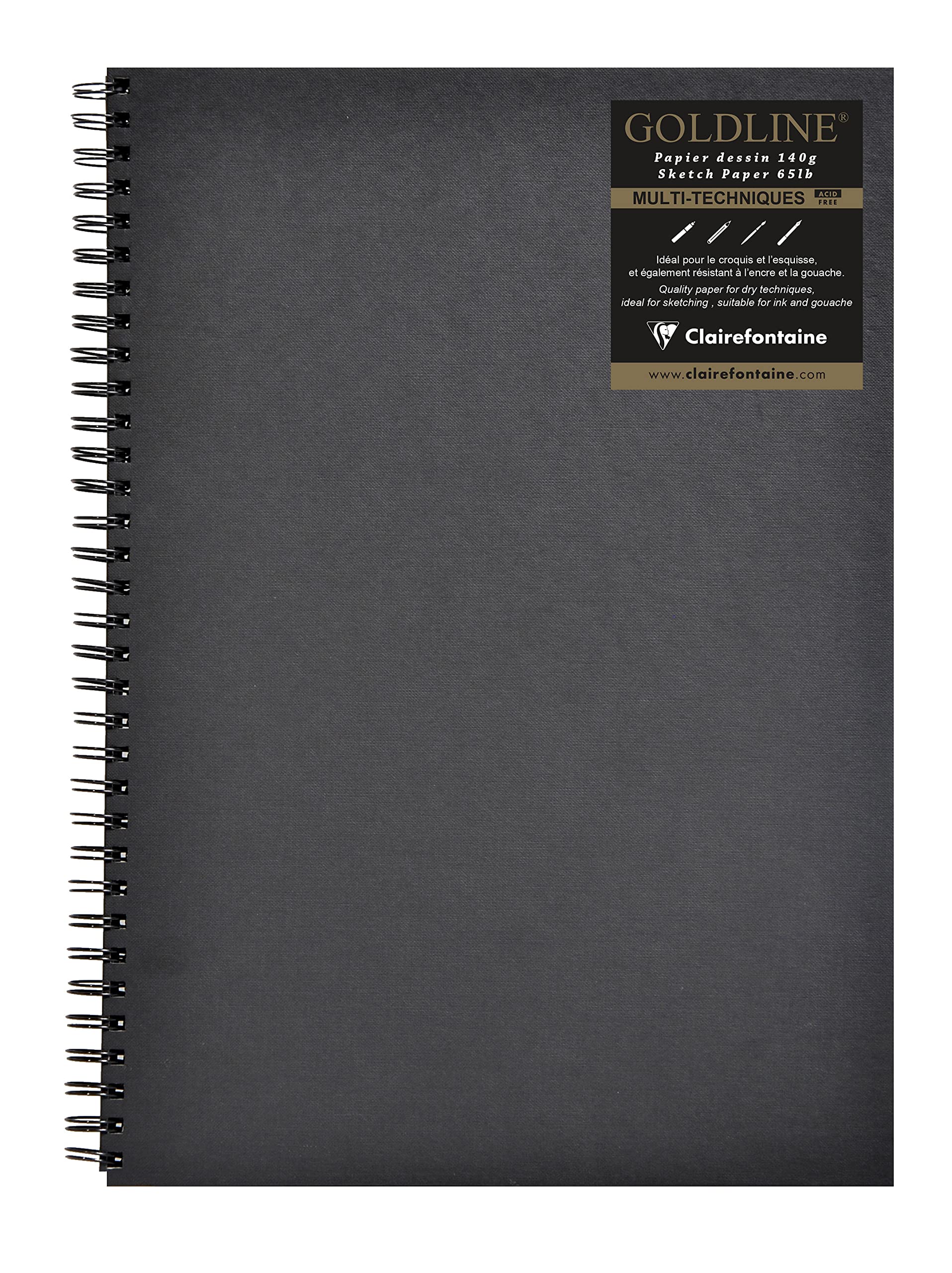 Clairefontaine - Ref 34264C - Goldline Wirebound Pad (64 Black Sheets) - A3 Size, 140gsm Paper, Portrait Layout - Black Cover - Suitable for Dry Techniques