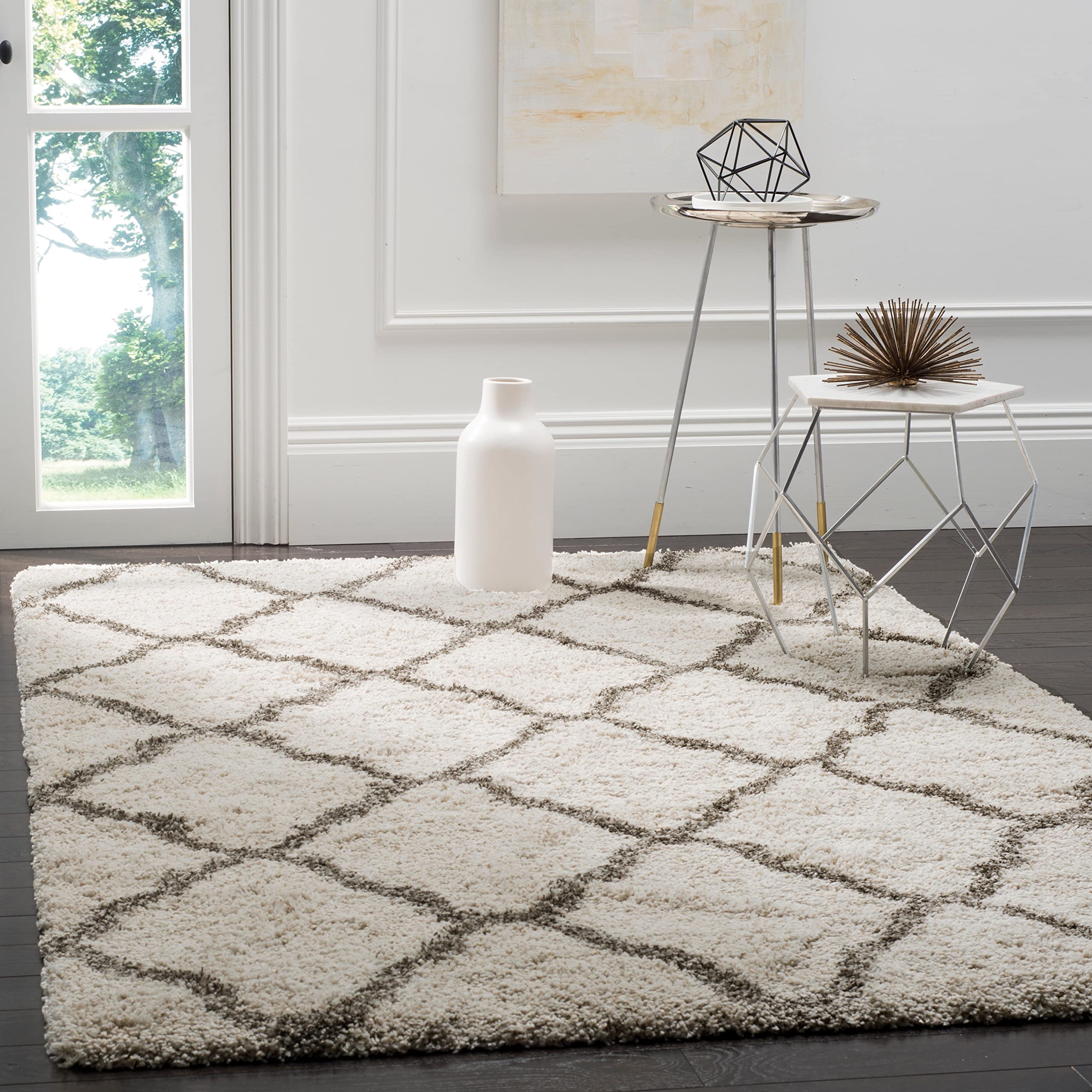 SAFAVIEH Hudson Shag Collection Area Rug - 10' x 14', Ivory & Grey, Moroccan Trellis Design, Non-Shedding & Easy Care, 2-inch Thick Ideal for High Traffic Areas in Living Room, Bedroom (SGH283A) Image