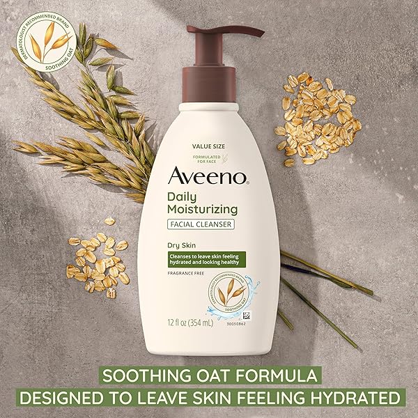 AVEENO DAILY MOISTURIZING FACIAL CLEANSER FOR DRY SKIN, GENTLE FACE CLEANSER WITH SOOTHING OAT FOR SKIN THAT FEELS SOFT & SUPPLE, REMOVES DIRT, OIL AND IMPURITIES, FRAGRANCE FREE, 12 FL OZ