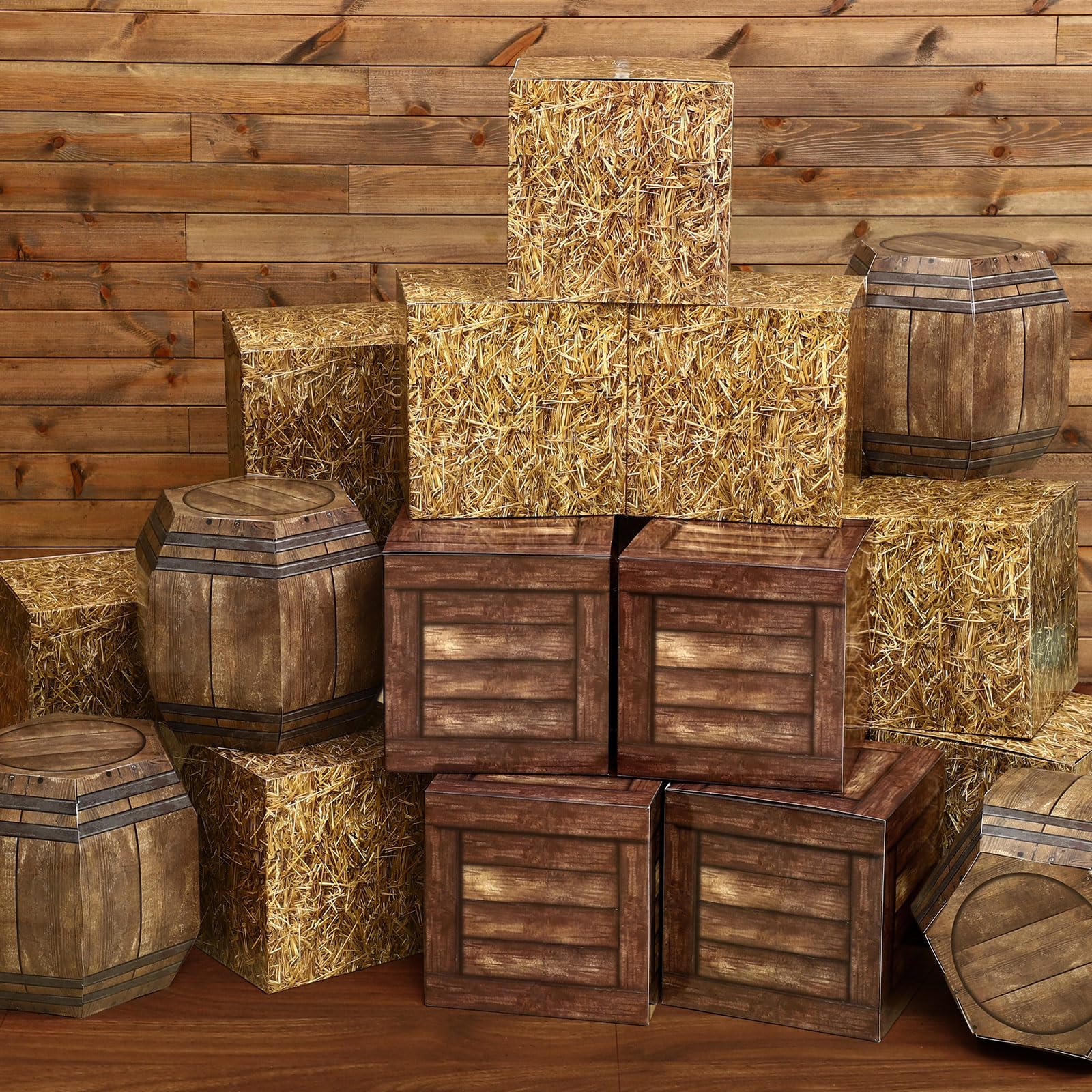 Photo 1 of Threehoney 16 Pcs Western Cowboy Party Decorations 11.8 Inches Summer Halloween Hay Bales Boxes Decor Include Wood Grain Wine Barrel Boxes Hay Decoration for Pirate Farmhouse Western Themed Party