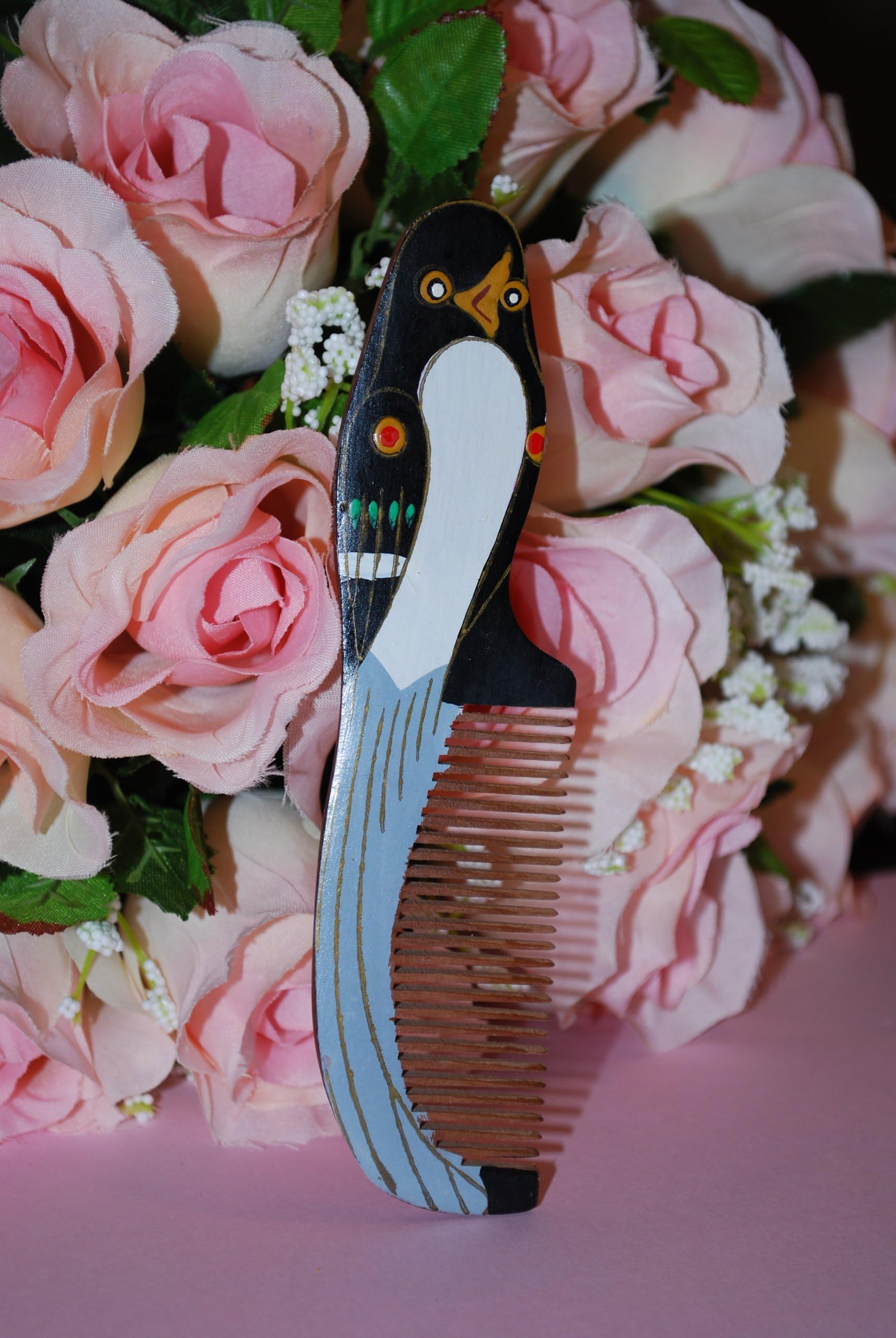 Bird Wood Comb, Multi Color Master Hand Craft, Hand Painted Boxwood Hair Comb, or Home Decoration , Artist Collection
