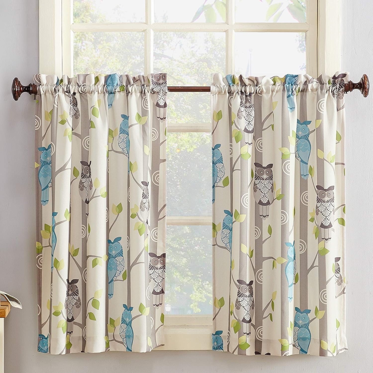 Amazon Com No 918 Hoot Owl Print Kitchen Curtain Tier Pair 56