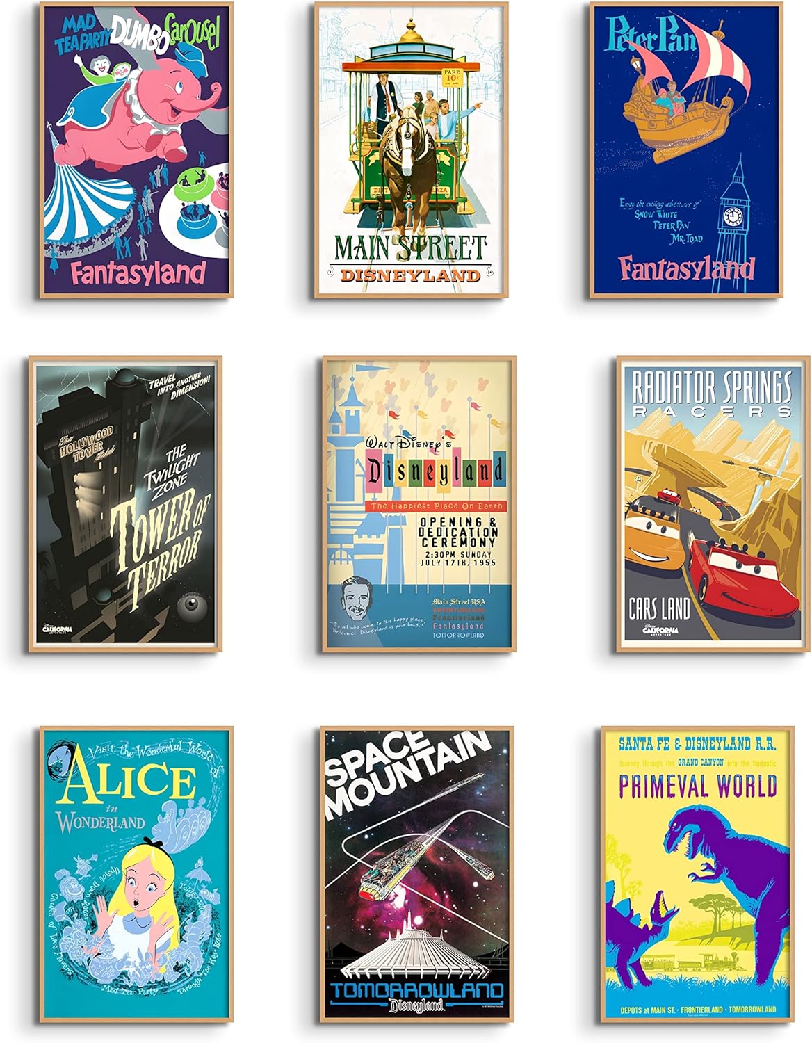 Wall Décor - Disney Ride Posters for Wall, Radiator Springs, Space Mountain, Tower of Terror, Mad Tea Party, Peter Pan's Flight, Reproduction Wall Art (set of 9, 11 x 17) Vintage Disney Posters