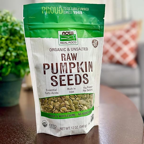 NOW FOODS, ORGANIC PUMPKIN SEEDS, RAW AND UNSALTED, EXCELLENT SOURCE OF PROTEIN AND IRON, CERTIFIED NON-GMO, KETO-FRIENDLY SNACK, 12-OUNCE (PACKAGING MAY VARY)