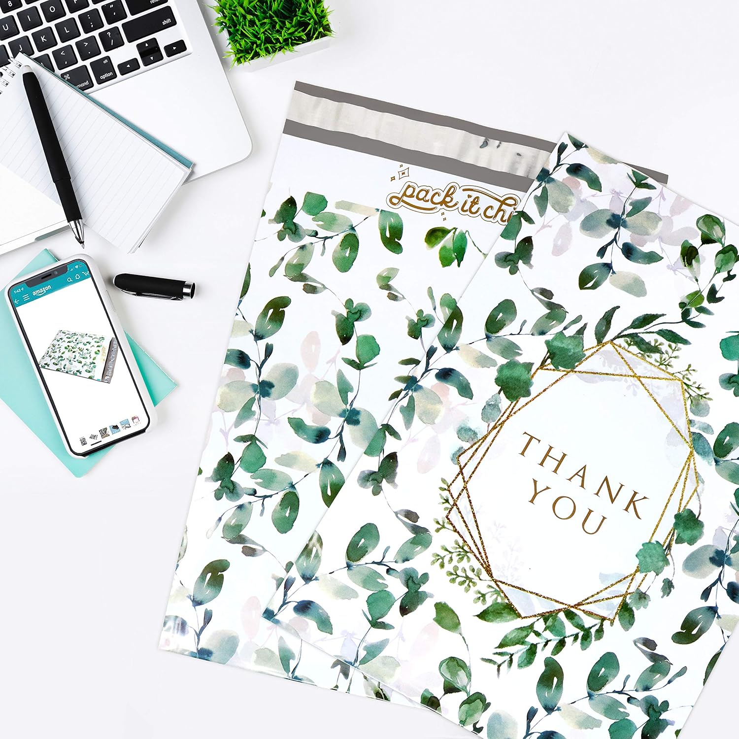 Pack It Chic - 10X13 (100 Pack) Geometric Leaves Pattern - Thank You Poly Mailer Envelope Plastic Custom Mailing & Shipping Bags - Self Seal (More Designs Available) : Office Products