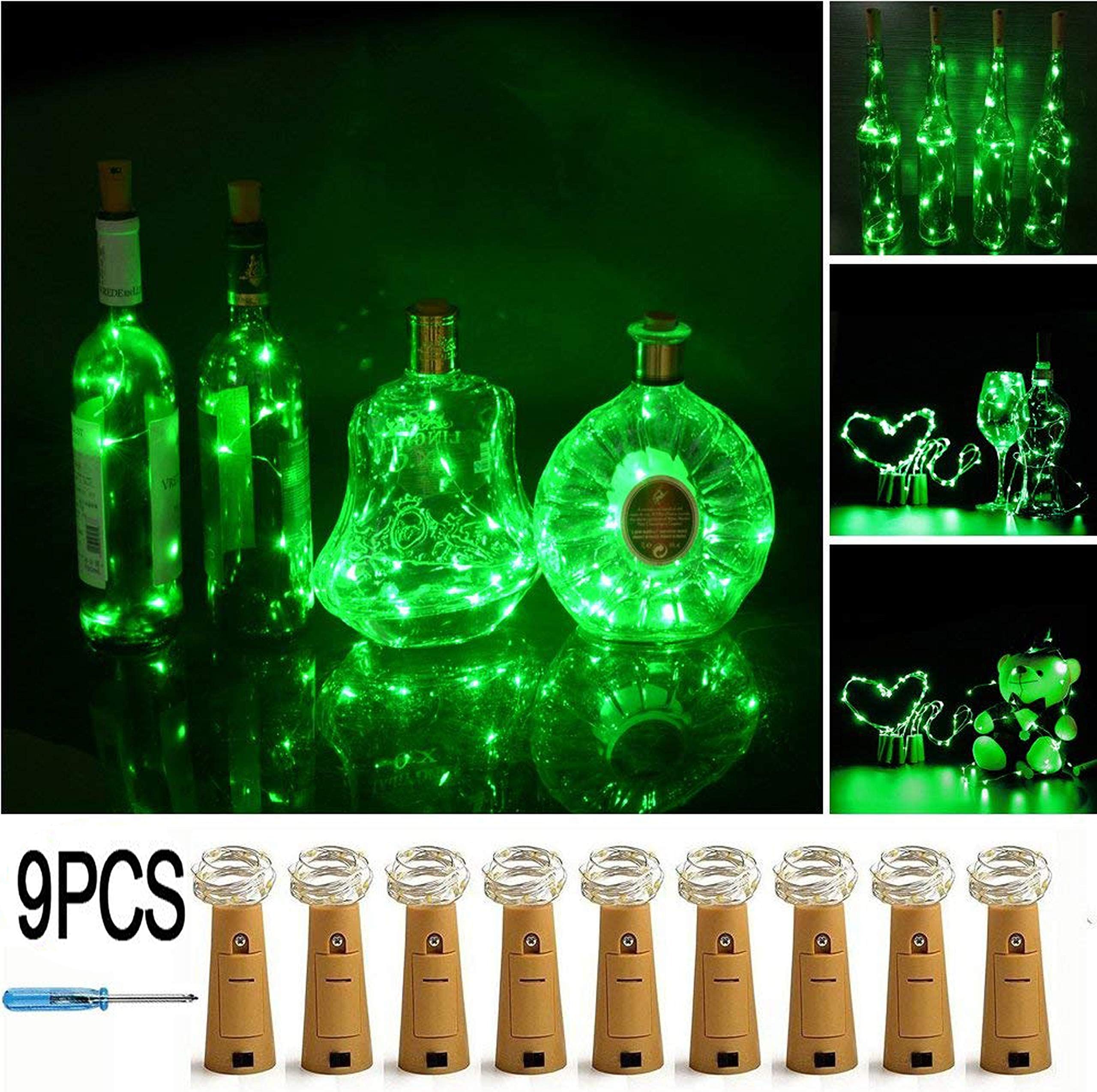 LXINGS Pack of 9 Cork Shape Mini String Lights,Silver Wire 46cm(18in) Battery Operated Starry Rope Fairy Lights For Bottle DIY,Christmas Halloween Wedding Party Indoor Outdoor Decoration (Green)
