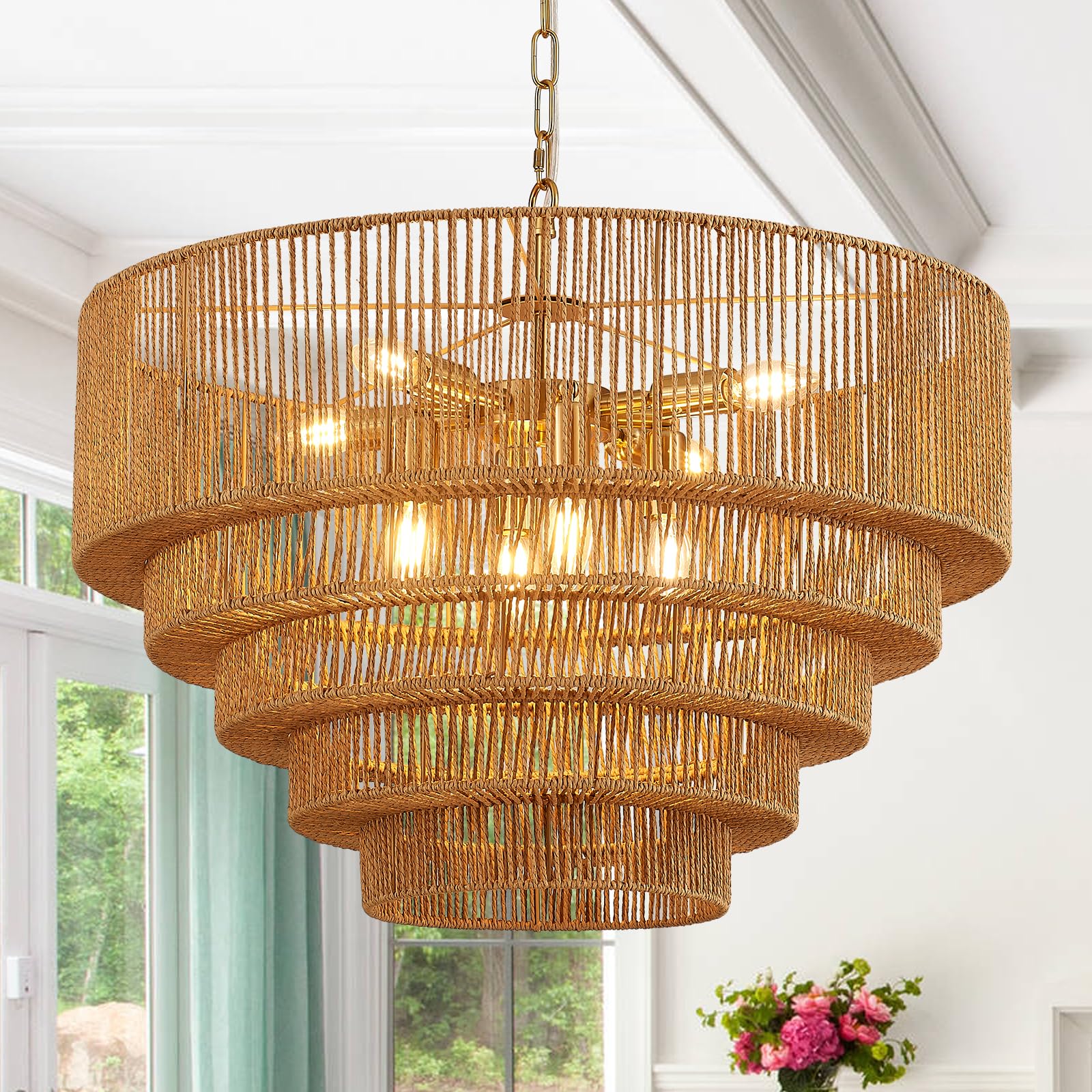 YOMECOO 25.6" Large Rattan Chandelier Vintage