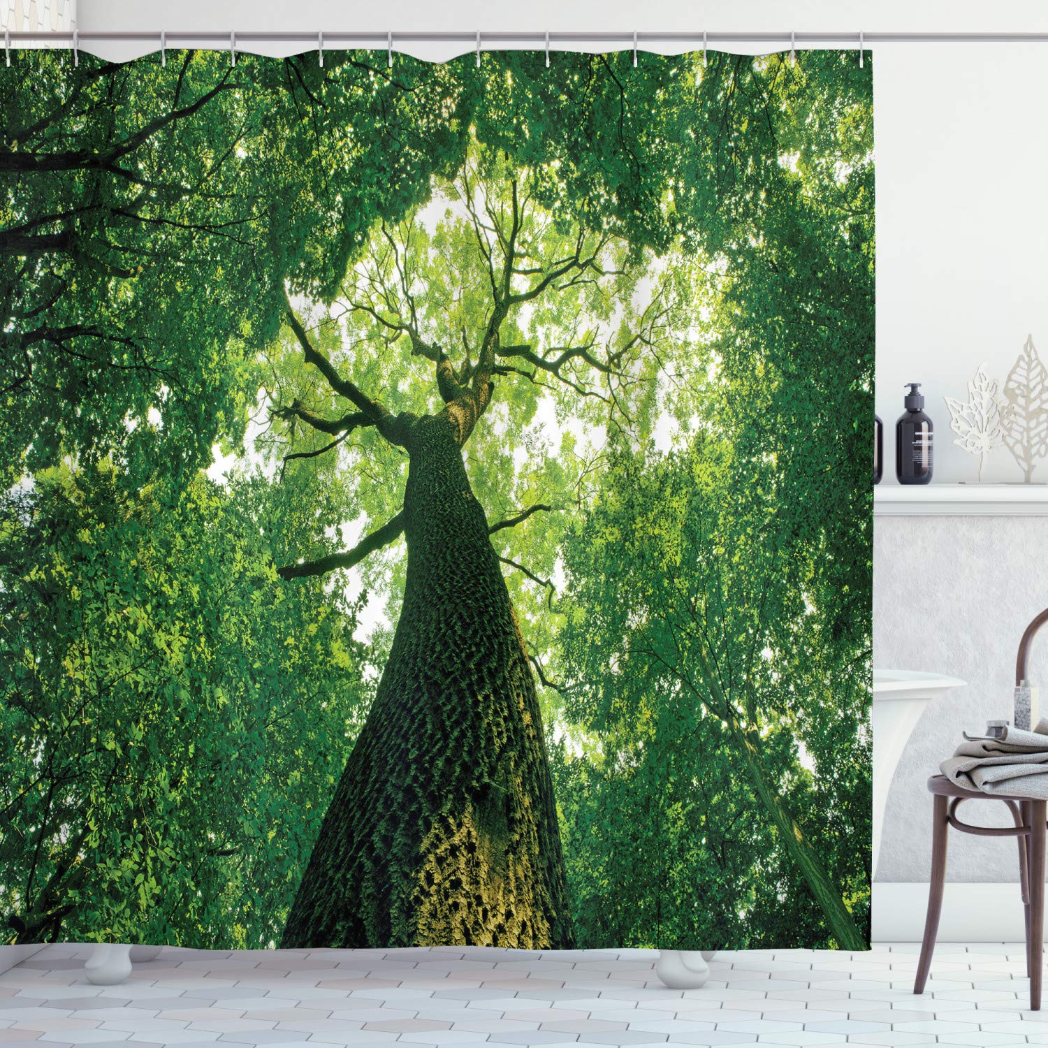 ABAKUHAUS Forest Shower Curtain, Tall Old Tree View Sun Rays Top Branches Leaves Nature Picture, Cloth Fabric Bathroom Decor Set with Hooks, 94 Inches, Green Pale Green Brown