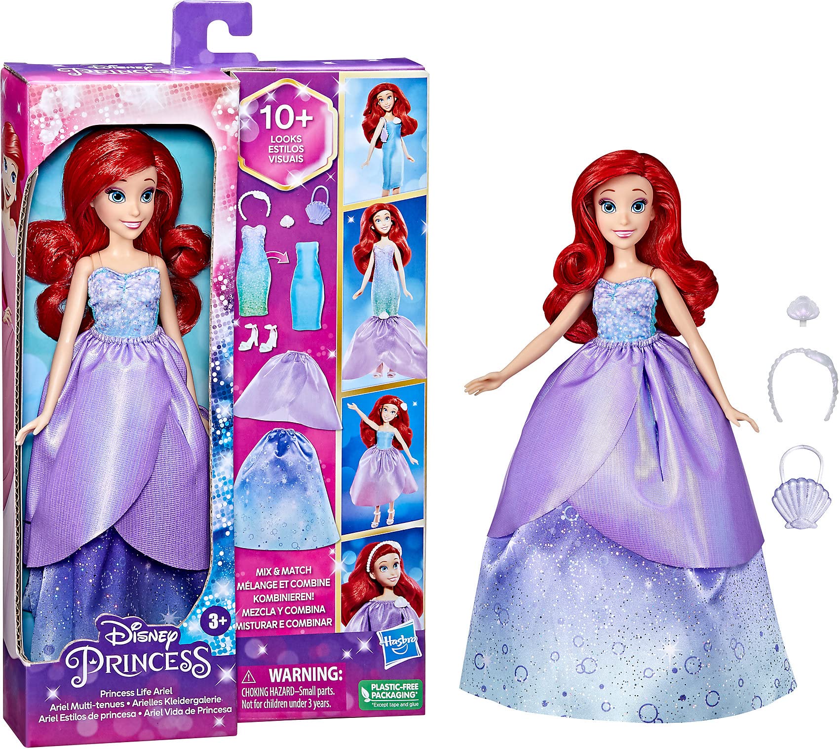 Hasbro Disney Princess Princesses Life Doll Model Ariel, 10 Combinations of Outfits, Toy for Children from 3 Years Old F4624 Multi-Coloured
