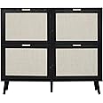 ZeHuoGe Large Rattan Shoe Cabinet with 4 Flip Drawers,Shoe Rack Storage Cabinet for Heels, Slippers,Narrow Hidden Free Standing Shoe Rack, Entrance Hallway (Black)