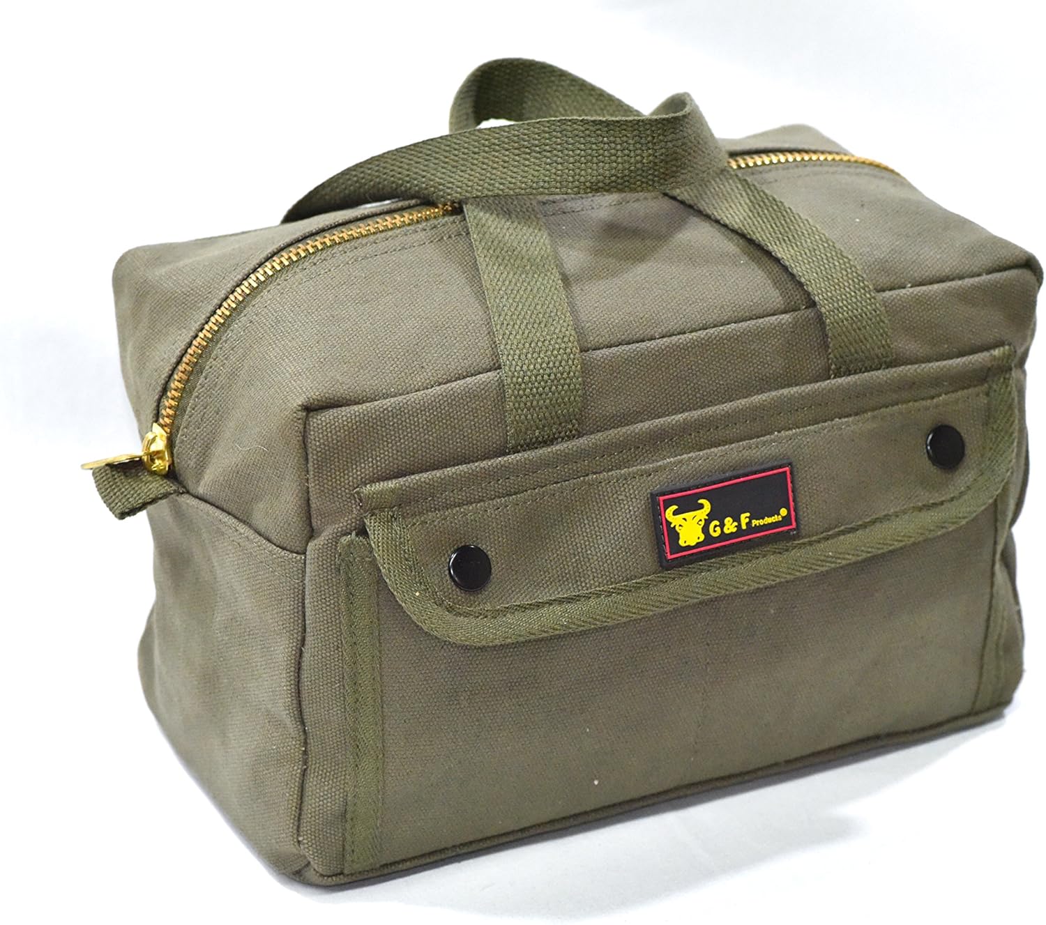 Government Issued Style Mechanics Heavy Duty Tool Bag with Brass zipper and side pockets, tool bag for cars, drill, garden, and electrician. Olive Green: Sports & Outdoors