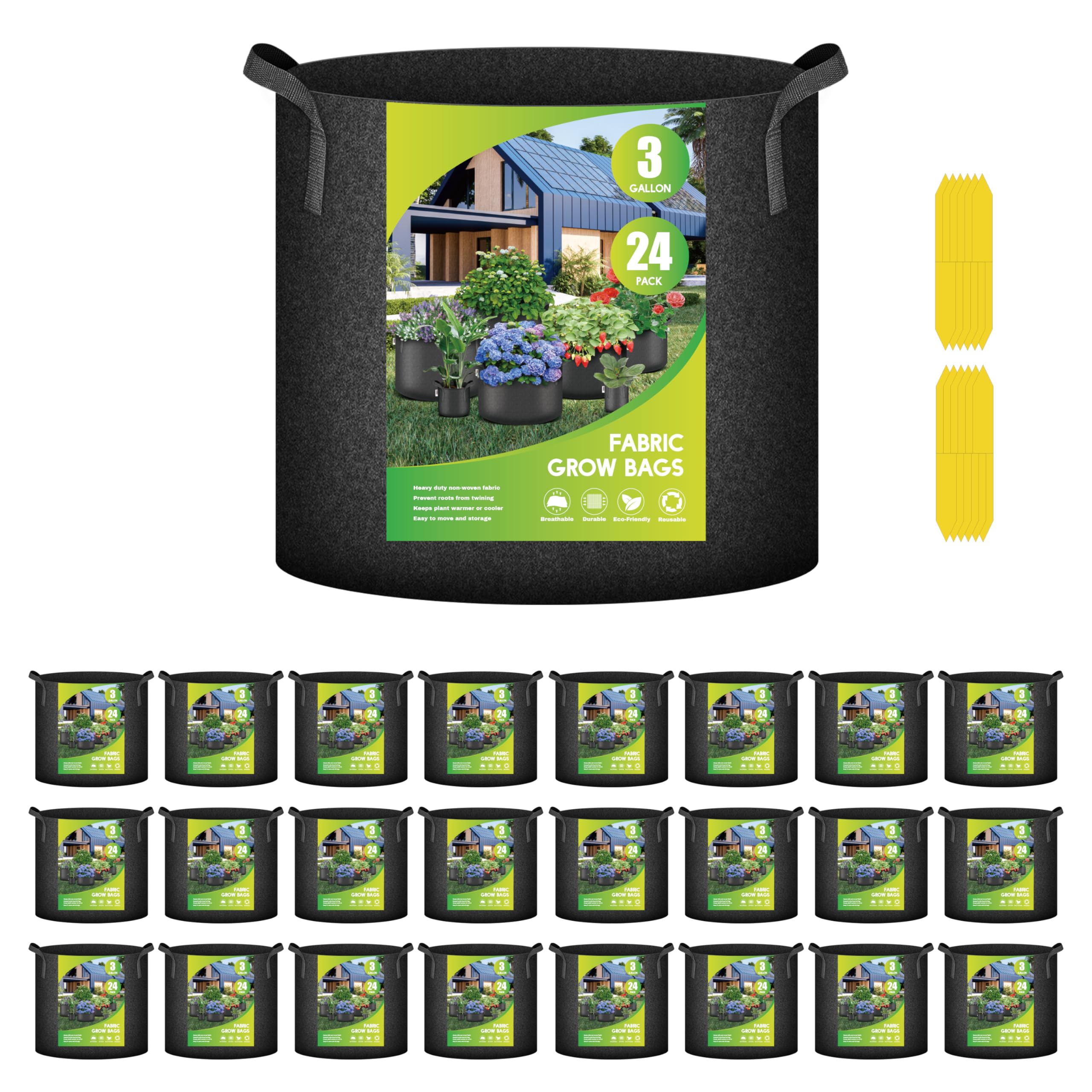 iPower 24-Pack 3 Gallon Grow Bags Heavy Duty Thickened Aeration Nonwoven Fabric Pots with Nylon Handles, for Planting Vegetables, Fruits, Flowers, Black Image iPower 24-Pack 3 Gallon Grow Bags Heavy Duty Thickened Aeration Nonwoven Fabric Pots with Nylon Handles, for Planting Vegetables, Fruits, Flowers, Black Image