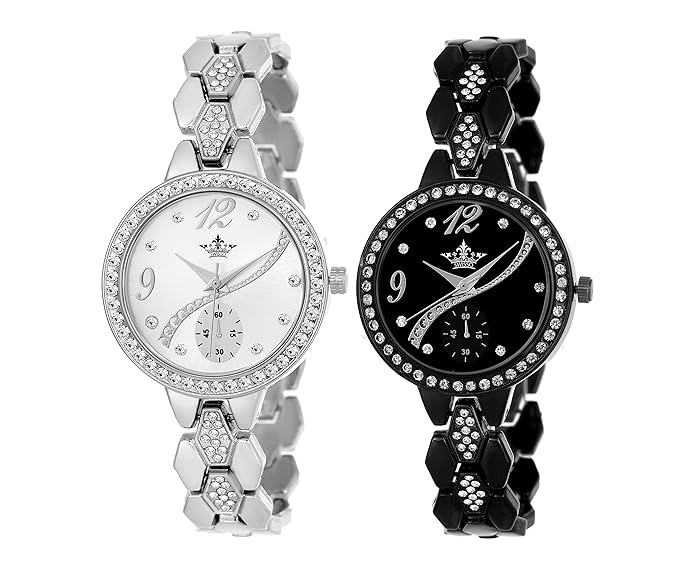 Swisso Exclusive Studded Notable Series Analogue Black and White Dial Women's Watch - Swisso-8041-Blk-Wht(Pack of 2)