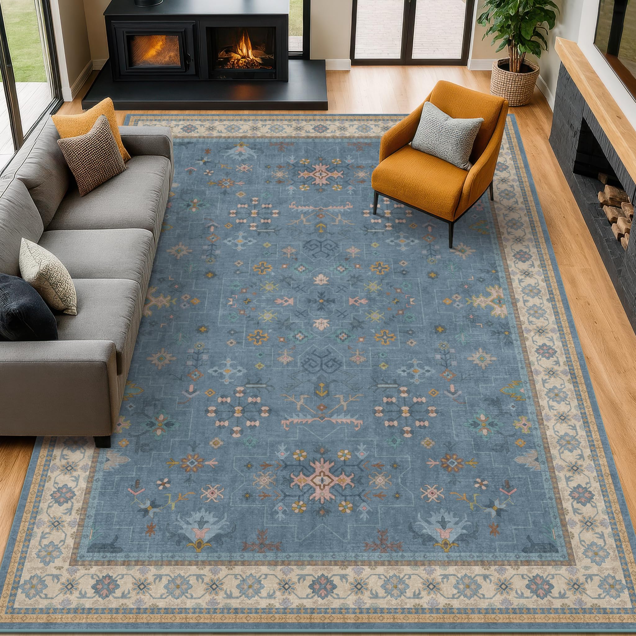 Photo 1 of Hazo Haus Boho 8x10 Large Area Rugs for Living Room - Eclectic Dusky Blue Rug for Bedroom Under Bed, Dining Room Under Kitchen Table, Washable Soft Non Slip Unique Colorful Indoor Décor