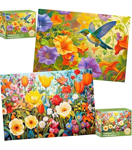 2-Pack 1000 Piece Jigsaw Puzzles – Hummingbird & Cardinal Bird Art (27.5x19.7 Inches)
