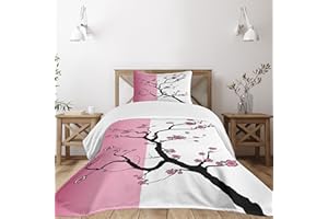 Lunarable Japanese Bedspread, Sakura Tree Japanese Cherry Blossom Drawing Design Contrasting Colors Print, Decorative Quilted 2 Piece Coverlet Set with Pillow Sham, Twin Size, White and Black