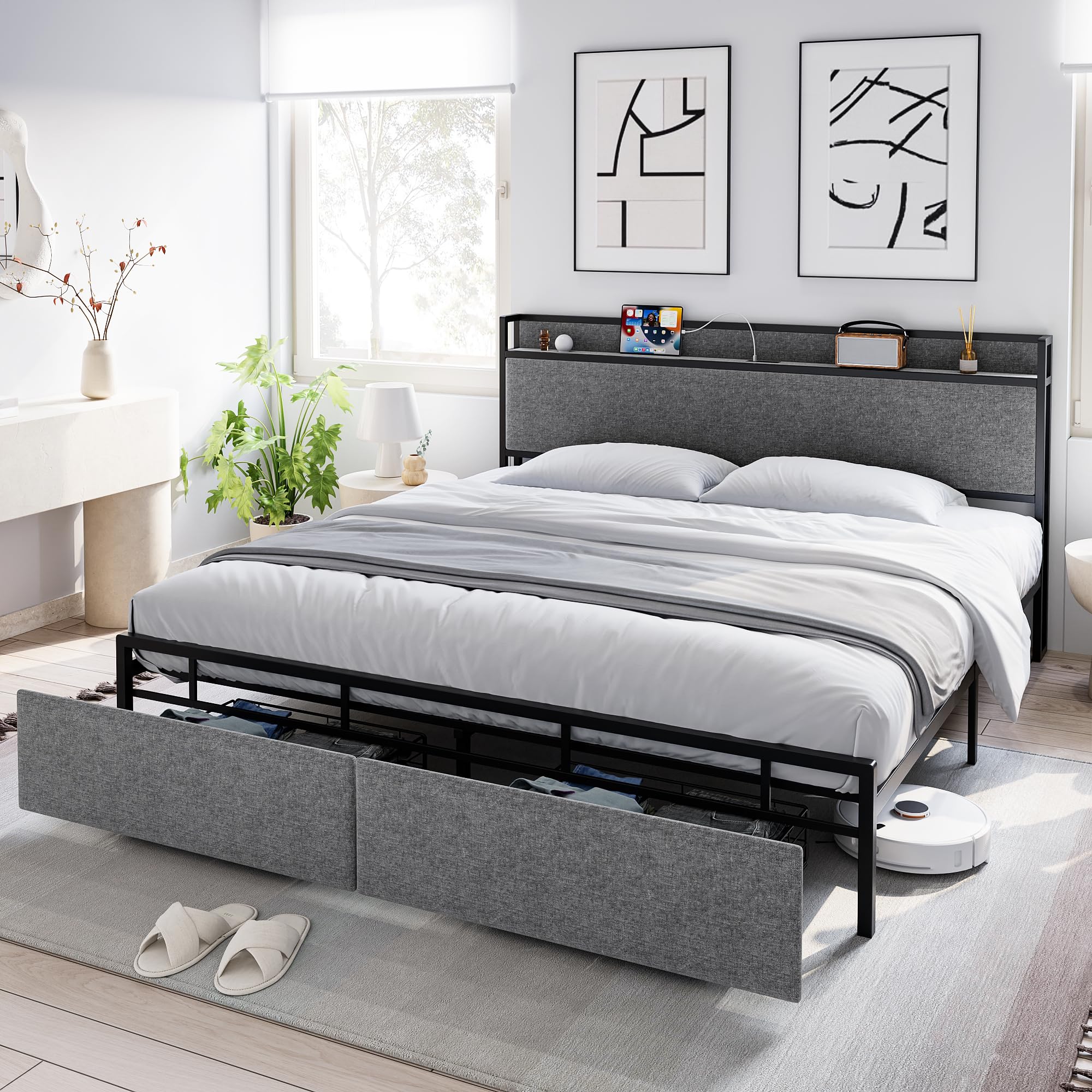 Photo 1 of ** USED* MISSING PARTS **GarveeHome King Size Bed Frame with 2 Storage Drawers and USB Ports, Modern Platform Bed with Upholstered Shelf Headboard, Sturdy, Noise Free, No Box Spring Needed, Gray