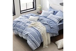 Bedsure Queen Comforter Set 7 Pieces, Blue Striped Bedding Set for All Seasons, Reversible, Cationic Dyeing Bed in a Bag with Comforter, Sheets, Pillowcases & Shams