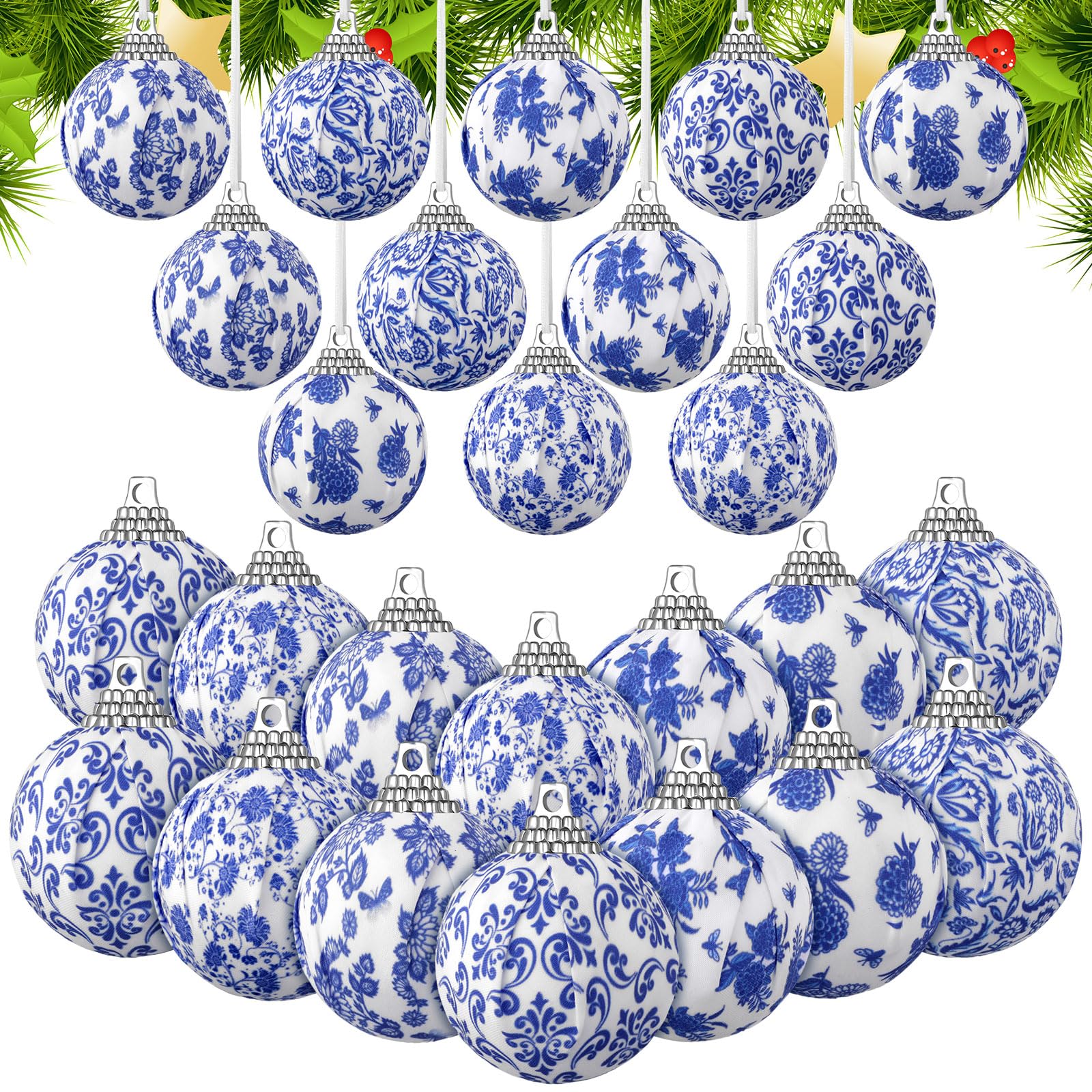 Liliful 24 Pcs Chinoiserie Christmas Ornaments Blue and White Chinoiserie Omament Blue Christmas Hanging Omament for Small Xmas Tree Decoration Wedding Holiday Party Yard Home Supplies