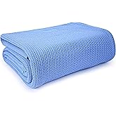 Linteum Textile Supply Blue Hospital Thermal Blanket 66x90 Inch 100% Cotton, Soft and Cozy, Breathable, Open-Cell Weave Design, All Season Twin Hospital Blanket (1-Pack)
