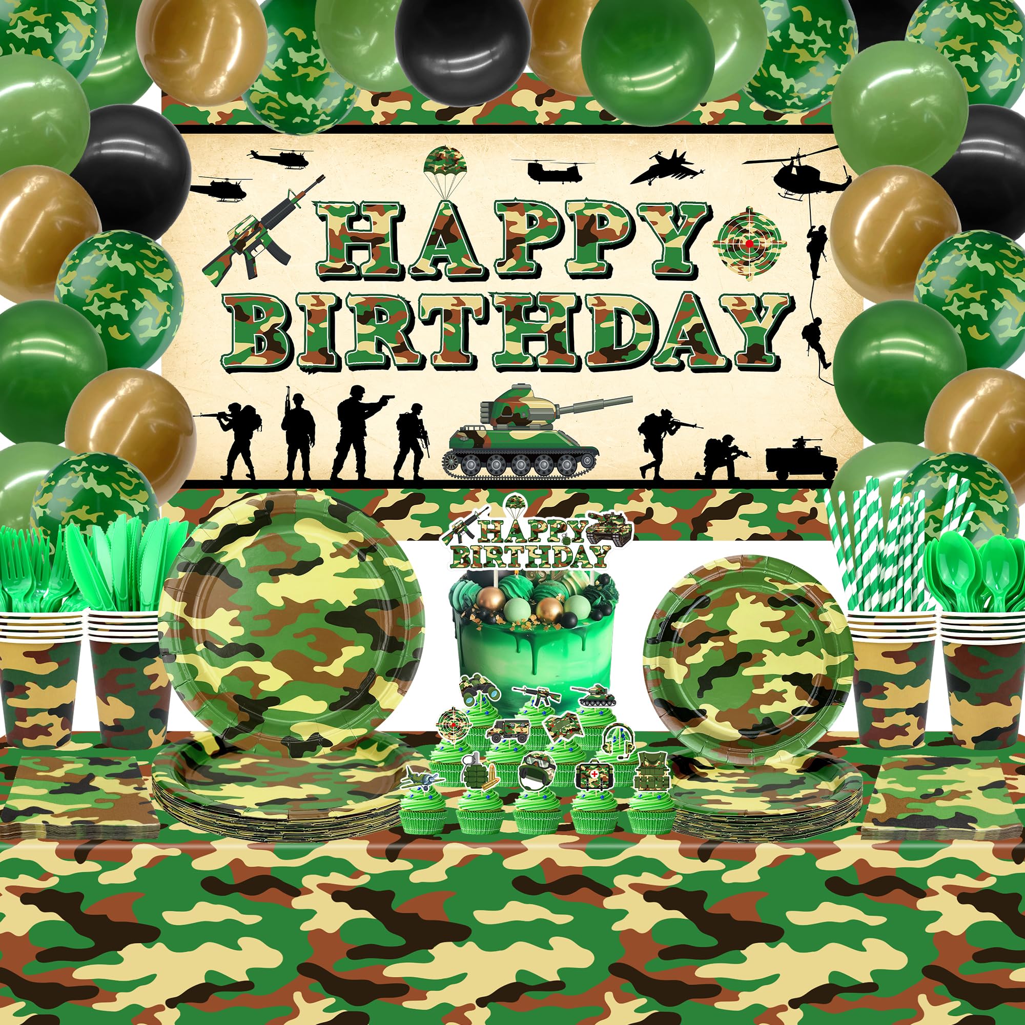 Photo 1 of Camo Birthday Party Decoration, Army Party Supplies, Plates Cups Napkins Camo Tablecloth Happy Birthday Backdrop Balloons Cake Toppers for Boy Camouflages Hunting Military Party Supplies (Backdrop)