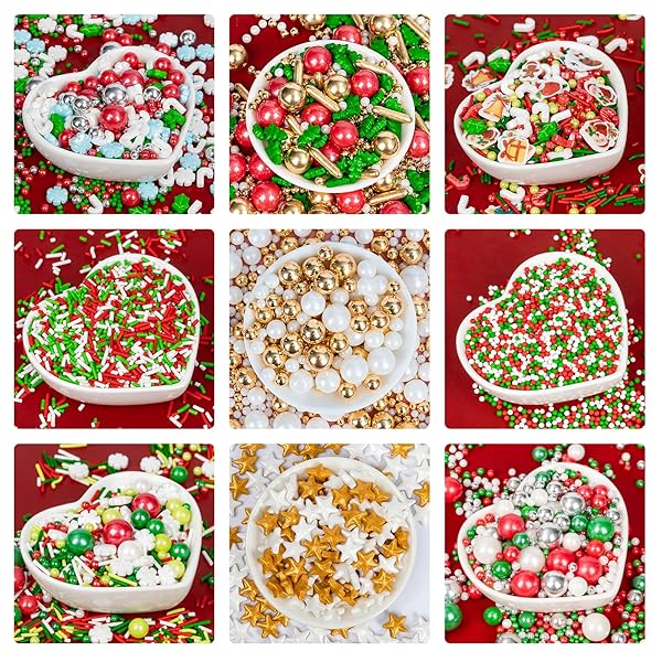 EDIBLE CHRISTMAS SPRINKLES FOR CAKE DECORATING,130G,WHITE SNOWFLAKES RED GREEN PEARLS AND JIMMIES MIX,EDIBLE WINTER SUGAR PEARL HOLIDAY SPRINKLE FOR CUPCAKE TOPPERS,COOKIE,ICE CREAM DESSERT DECORATIONS BIRTHDAY CHRISTMAS PARTY SUPPLIES
