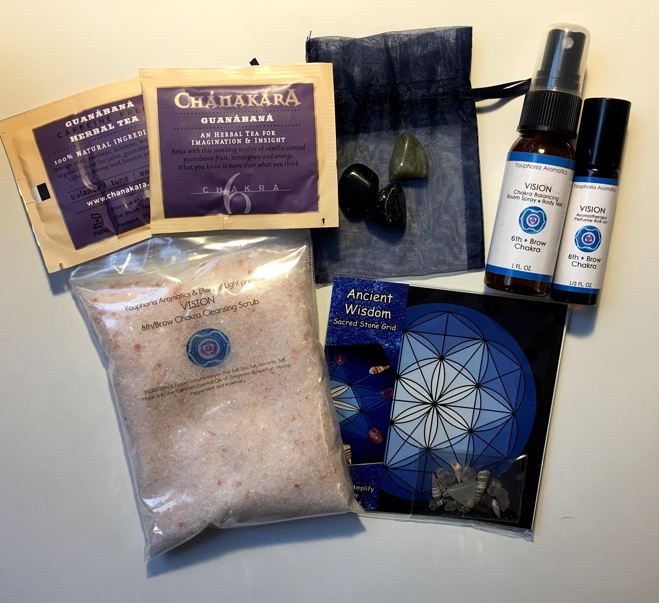 VISION, 6th/Brow or Third Eye Chakra Healing Kit with Chakra Balancing Aromatherapy Products, Sacred Stone Grid, and Crystals by Youphoria Aromatics