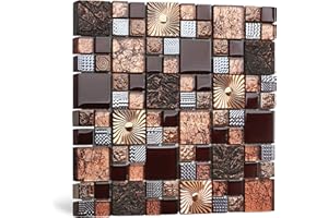 Blujellyfish Red Wine Colors Glass Tile 2'' x 2'' Leaf Carving Imprints Antique Mosaics Textured Rose Gold Metal Kitchen Bathroom Walls Backsplash Tiles (Pack of 5 Square Feet)