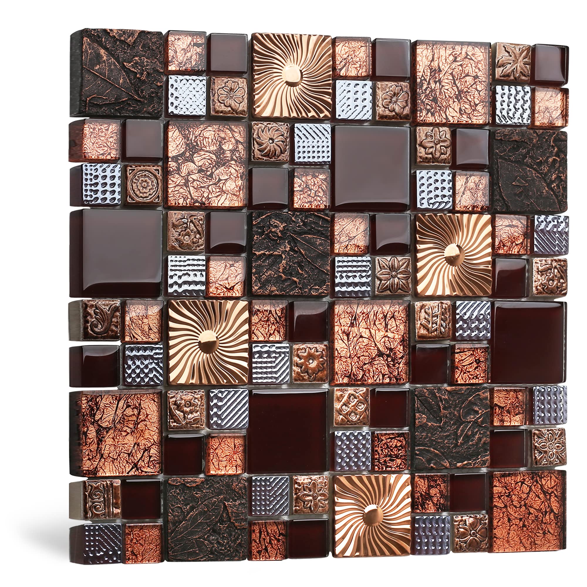 Photo 1 of Blujellyfish Red Wine Colors Glass Tile 2'' x 2'' Leaf Carving Imprints Antique Mosaics Textured Rose Gold Metal Kitchen Bathroom Walls Backsplash Tiles (Pack of 5 Square Feet)