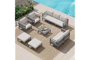 SERWALL HDPE Patio Furniture Set, 10 Pieces Outdoor Sectional Sofa Set, All-Weather Wood-Like Outdoor Sofa Couch with Coffee Table for Deck, Lawn, Grey Frame with Khaki Cushion