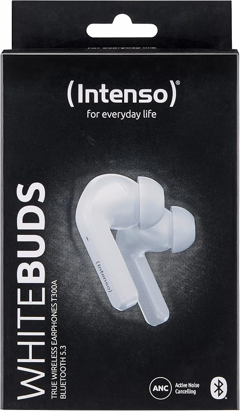 Intenso White Buds TWS - Auscultadores T302A sem fios verdadeiros com cancelamento de ruído ativo e até 35 horas de reprodução de música, branco