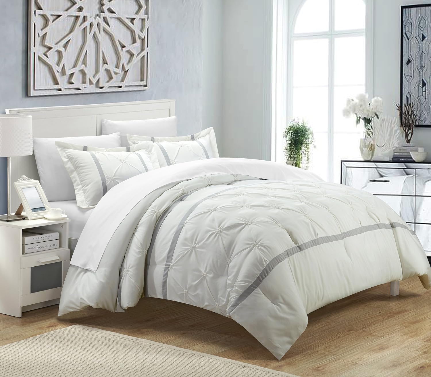 Chic Home 3 Piece Veronica Pinch Pleat Pintuck Duvet Cover Set, Queen, White