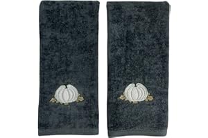 Serafina Home Autumn Fall Bath Hand Towels Bathroom Decor Farmhouse Harvest: Plush Soft Gray Grey 100% Cotton Terry Velour Appliqué and Embroidered Pumpkin Leaf Design, 16" x 25" inches, 2 Piece Set