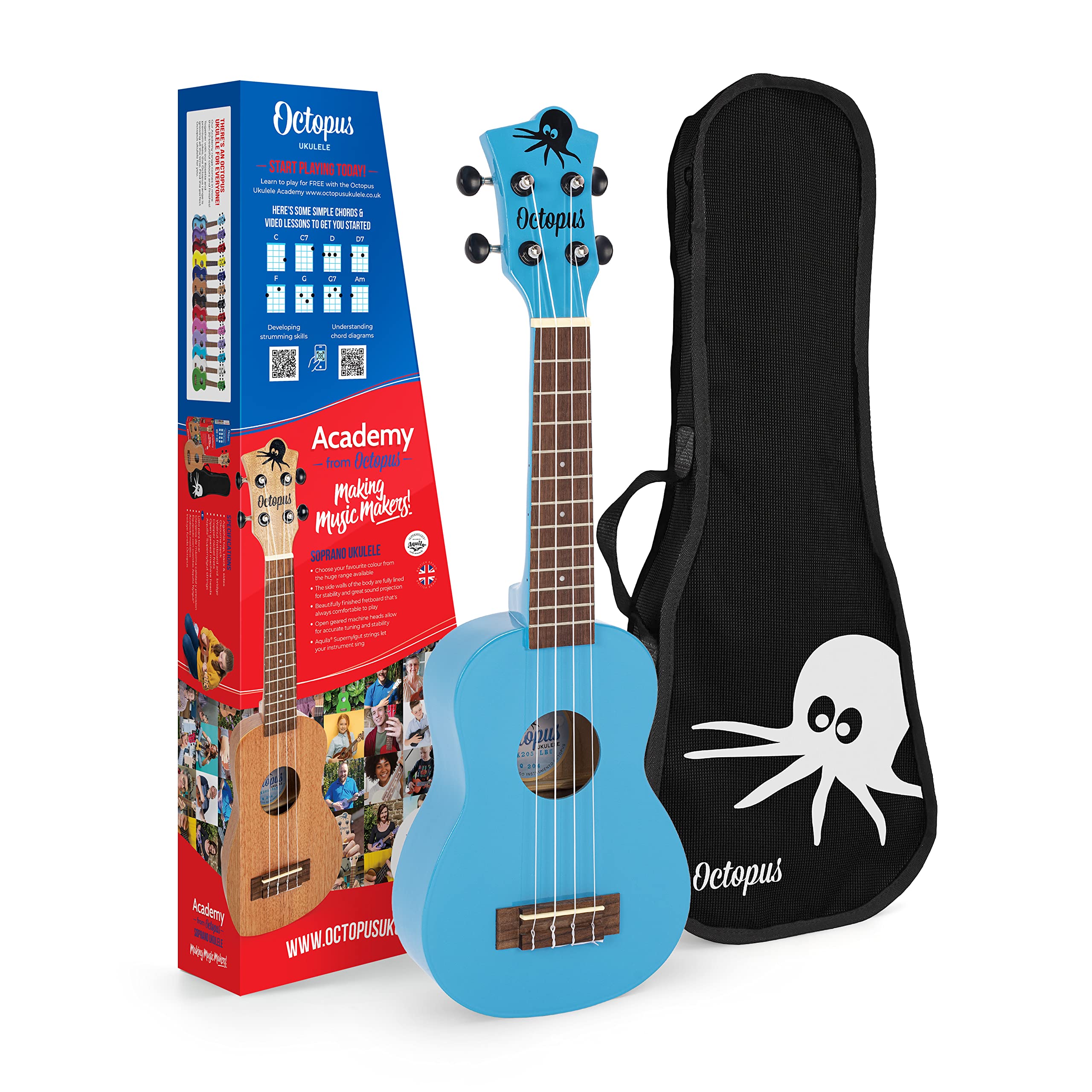 Octopus Academy soprano ukulele in light blue