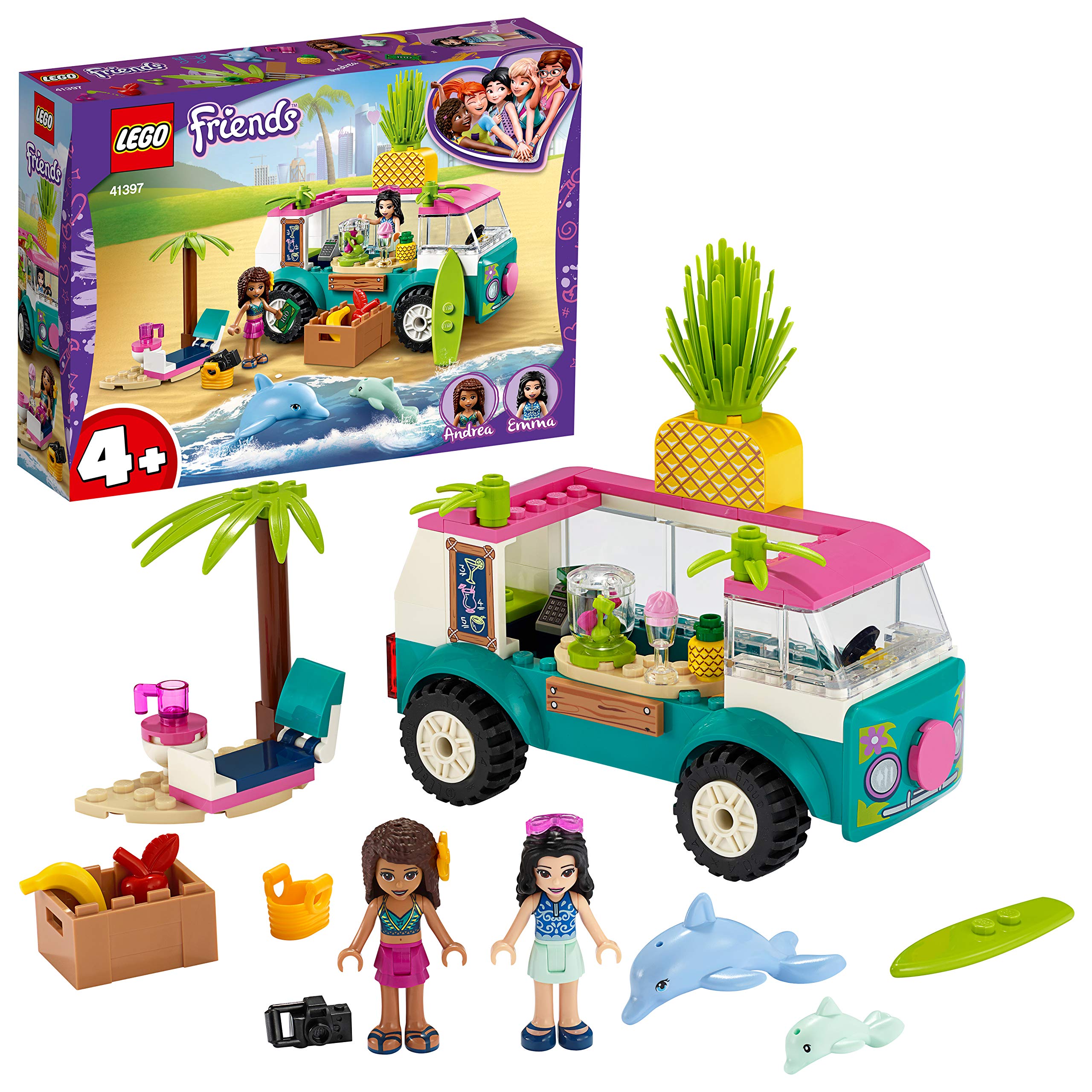 LEGO 41397 Friends Juice Truck Toy Playset with Emma, 2 Dolphins and Beach Scene, for Preschool Kids 4 + Year Old