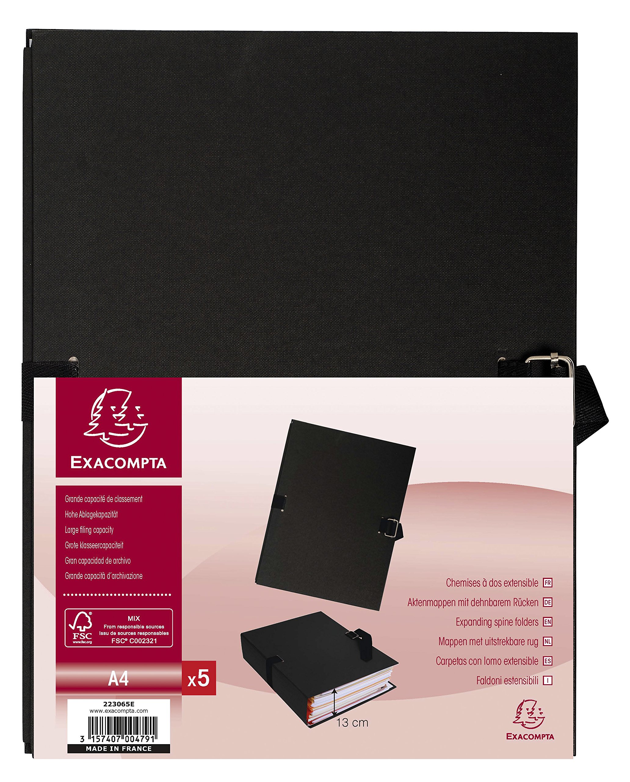 Exacompta - Ref 223065E - Expanding Folder - 240 x 320mm in Size, Suitable for Storing A4 Documents, Expands Up To 13cm , Coloured Canvas with Matching Strap - Black (Pack of 5)