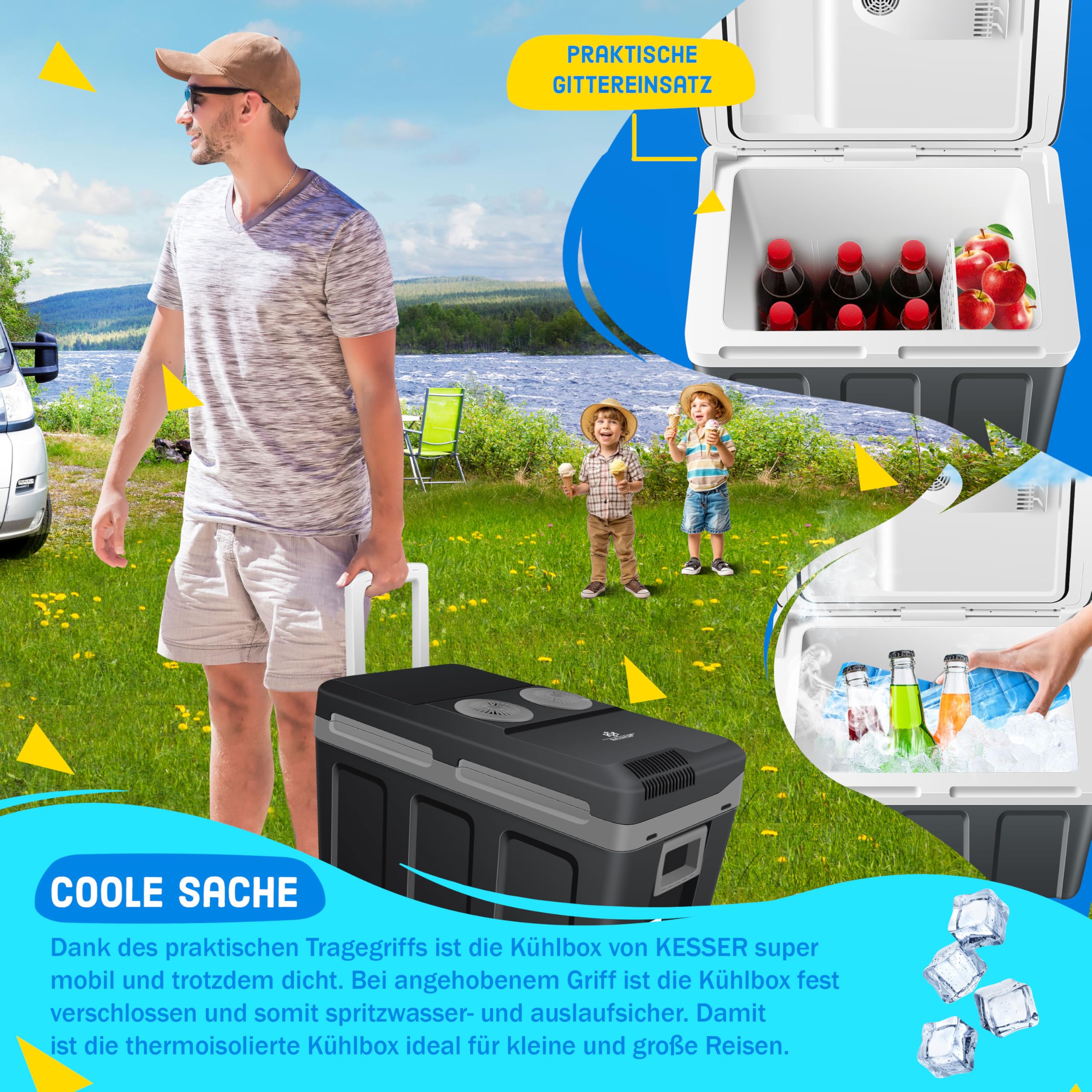 KESSER® Kühlbox 40L mit Rollen | Thermo-Elektrische Kühlbox | KÜHLT und WÄRMT | 12 & 230V | Thermobox für Auto, Boot & Camping | Mini-Kühlschrank mit ECO & MAX Modus | inkl. Kühlakku & Getränkehalter 3