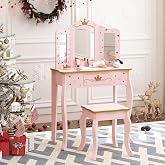 UTEX Pink Crown Princess Kids Vanity Set with Drawer for Little Girls | Wooden Toddler Vanity, Kids Vanity Table and Chair Set, Crown and Star Patterns, Gold Edge Trim, Princess Style