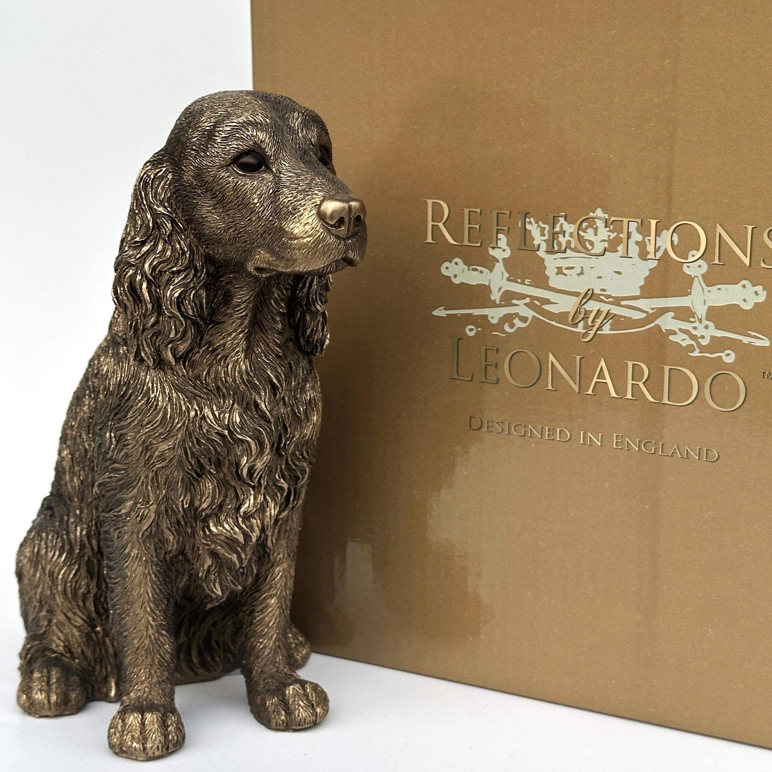 Animal Crackers Spaniel figurine from the Leonardo Reflections Bronzed range, realistic bronze effect heavy weight resin, in gold git box, height 16.5cm