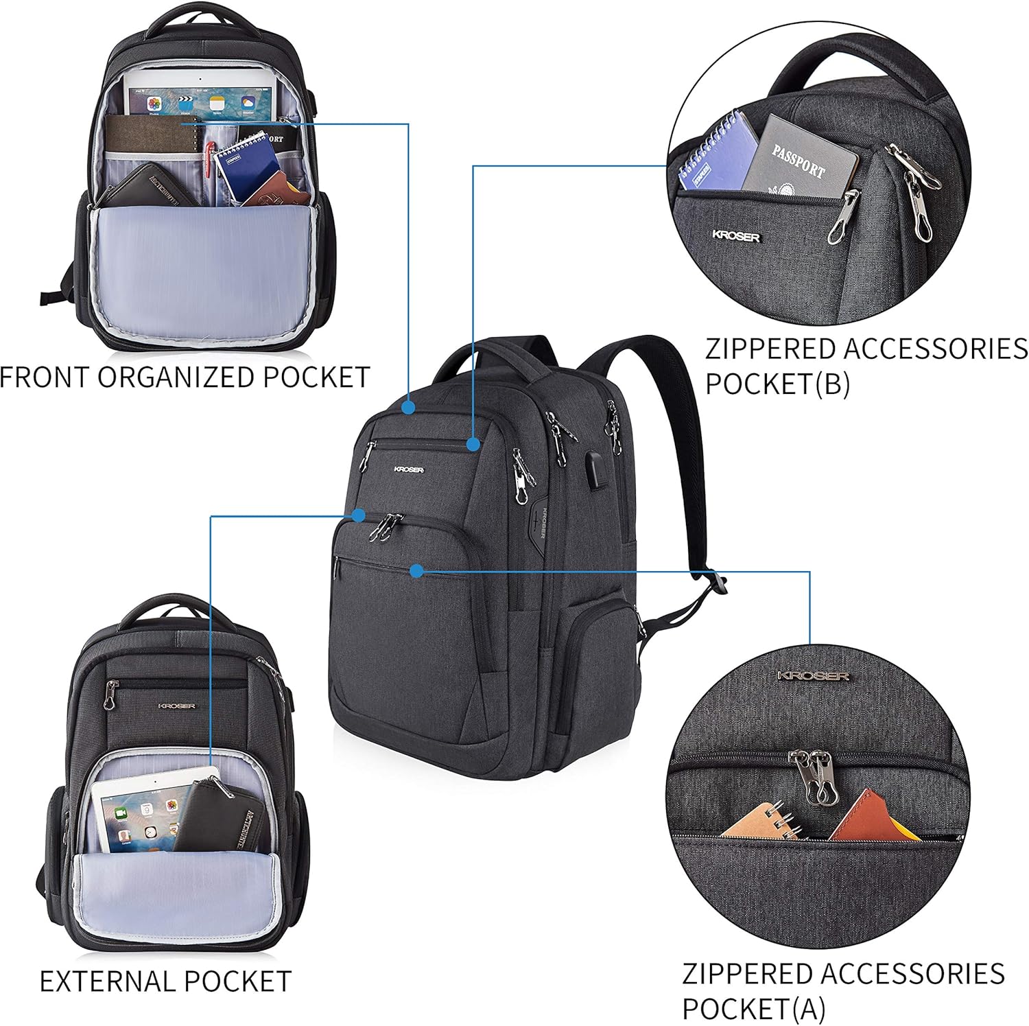KROSER Travel Laptop Backpack 17.3 Inch Large Computer Backpack Water-Repellent School Daypack with USB Charging Port & Headphone Interface RFID Pockets for Work/Business/College/Men/Women: Computers & Accessories