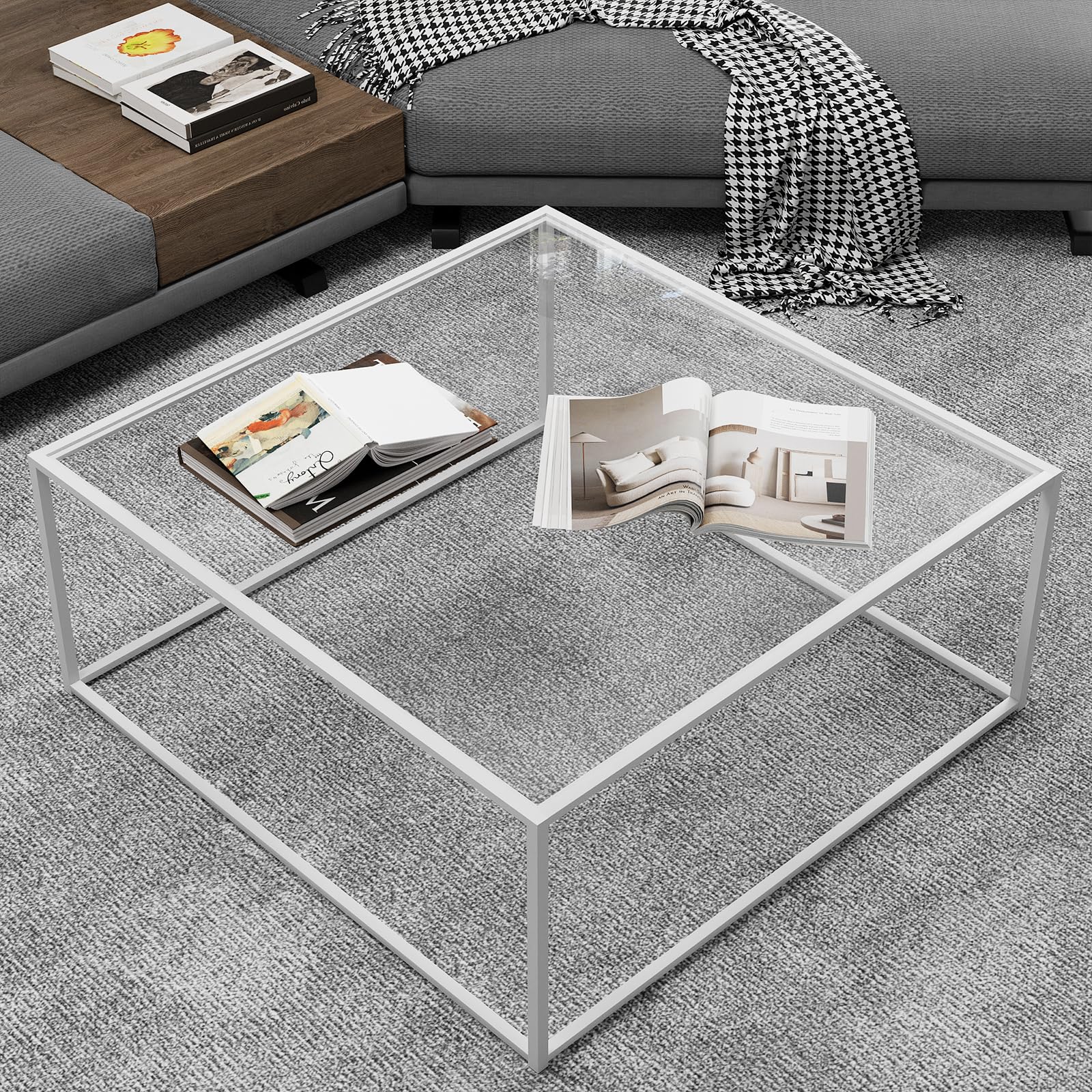 Photo 1 of ????????????Glass Coffee Table Square Coffee Table for Small Space,Modern Minimalist Center Table for Living Room Home Office,Tempered Glass-top with Sturdy Metal Frame,Easy Assembly,27 x 27In, White