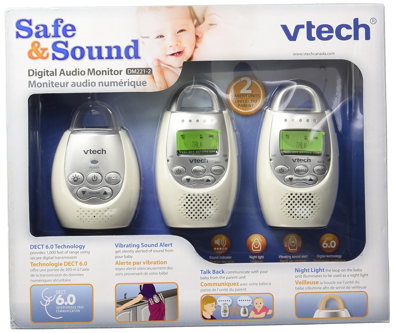 VTech DM221-2 Audio Baby Monitor with up to 1,000 ft of Range, Vibrating Sound-Alert, Talk Back Intercom, Night Light Loop & Two Parent Units, White: Baby