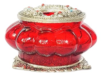 MHE Metal Carving Glass Ash Tray with Red Colour (Round Shape)