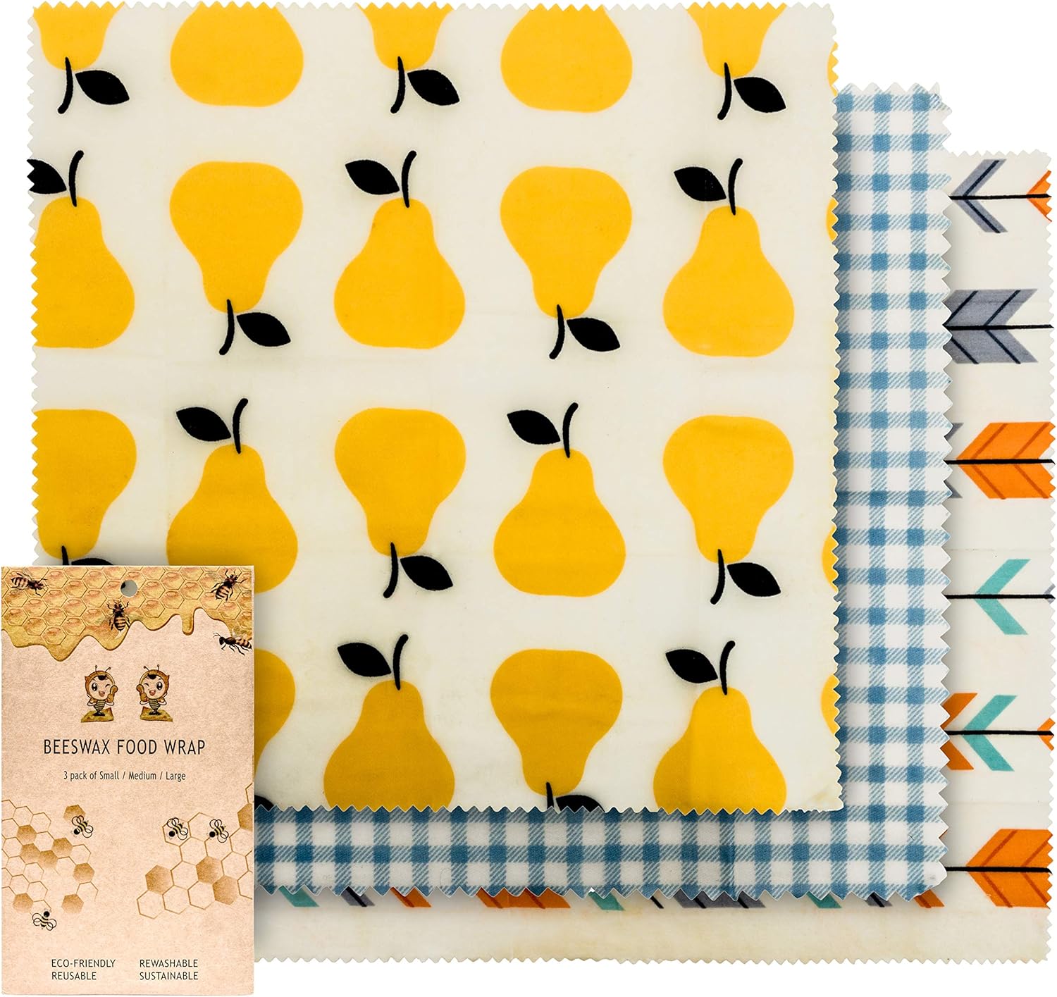 BusyBee Eco Friendly Beeswax Wrap Assorted 3 Pack – All Natural FDA Compliant Reusable Food Wrap – Store & Preserve Foods Without Plastic