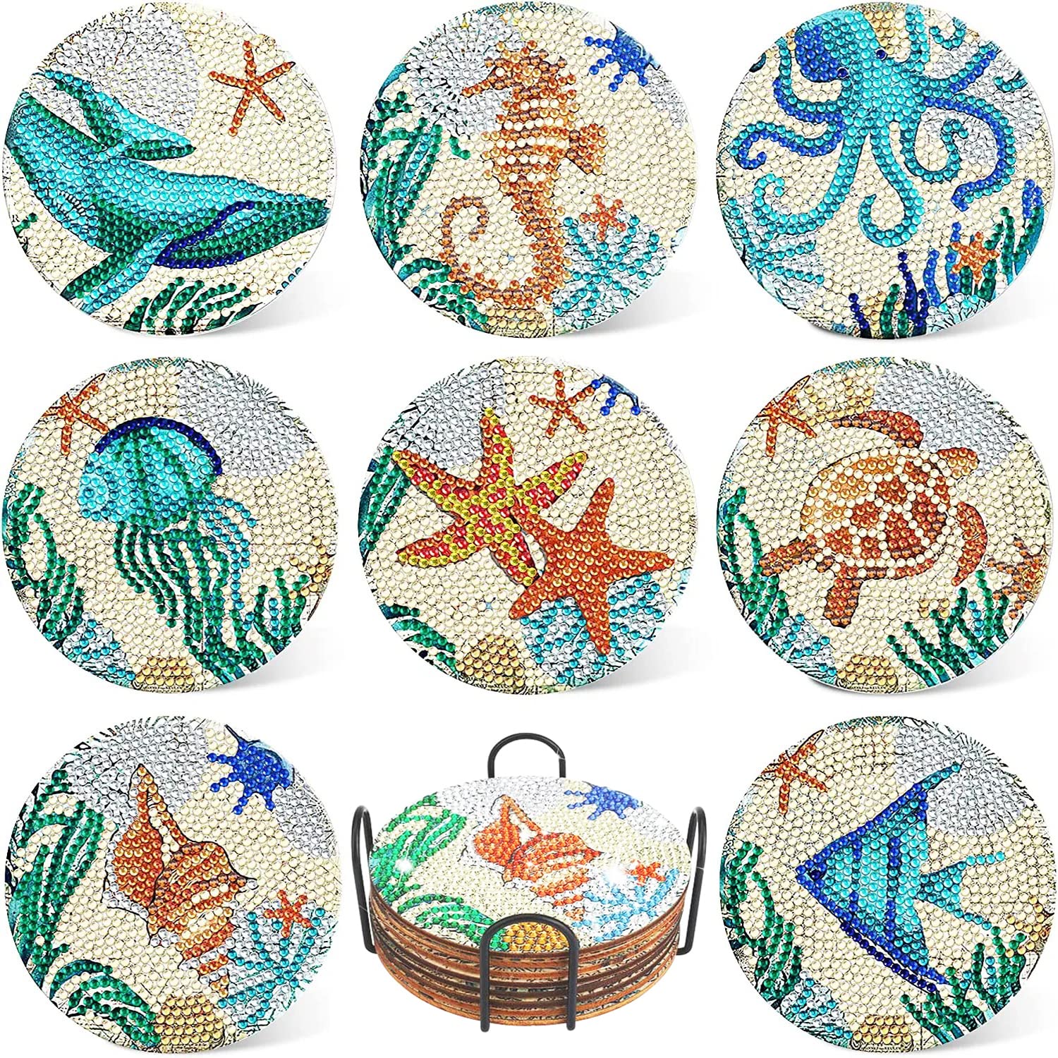 Funvalley Surperfect 8 Pack Diamond Painting Coasters with Stand, DIY Sea Life Coasters, Clear with Multicolor, Acrylic, Round