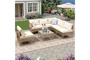 FHFO 7 Piece Outdoor Wicker Patio Furniture Set, Rattan Sectional Sofa Couch, Patio Conversation Set with Cushion & Coffee Table, for Backyard Poolside Porch Garden, Yellow/Beige