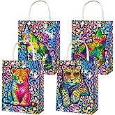 umoni 12PCS Rainbow Cheetah Favor Bags Neon Leopard Birthday Party Supplies Cheetah Print Paper Gift Bags Neon Cheetah Handle Treat Bags for Safari Animals Party Decorations