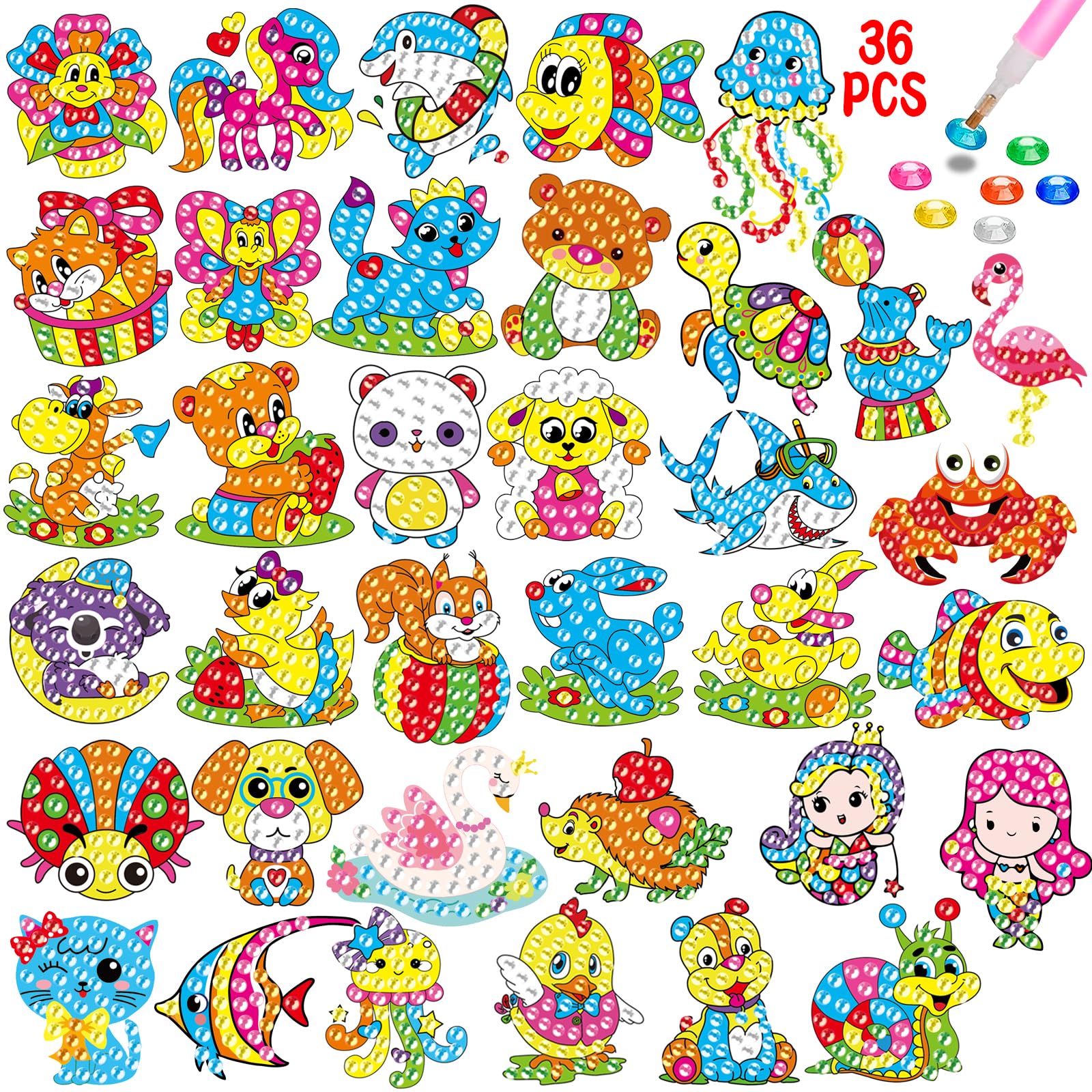 CAYUDEN Diamond Painting Stickers 36 pcs Diamond Stickers Kids DIY Diamond Arts Stickers Kit 5D Animals Diamond Dots Painting Cartoon Mosaic Stickers Gem Arts and Crafts Kit for Kids 6 8 10 12