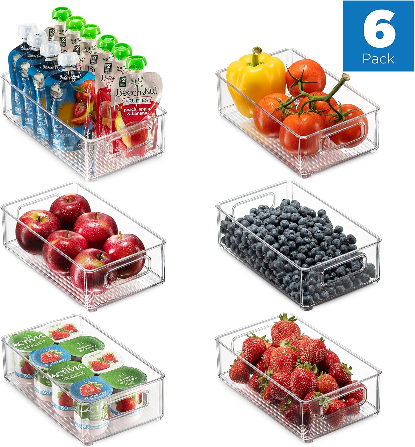 Set Of 6 Refrigerator Organizer Bins - Stackable Fridge Organizers with Cutout Handles for Freezer, Kitchen, Countertops, Cabinets - Clear Plastic Pantry Food Storage Rack: Kitchen & Dining